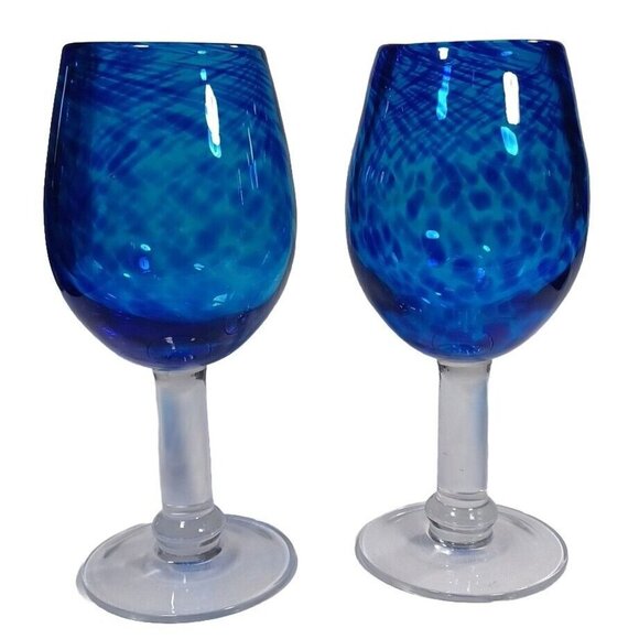 Handblown Thick Art Glass Cobalt Blue Confetti Wine Water Goblets Set of 2 8.5" - Picture 6 of 6